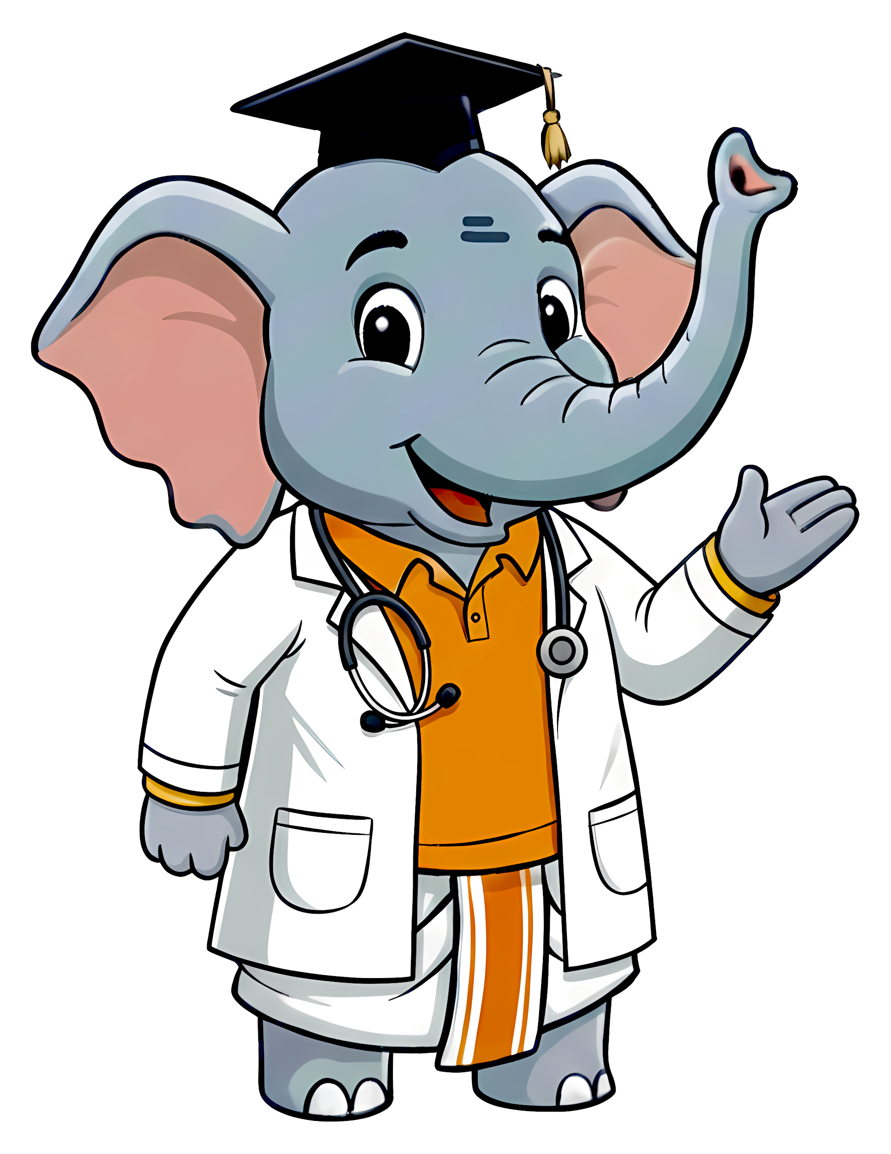 Kovai Gaja, the elephant mascot of PEDICON 2027, wearing a white coat, stethoscope and graduation cap